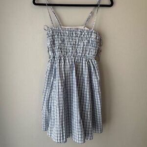 Abercrombie & Fitch Navy Plaid Smocked Babydoll Tie Mini Dress size Small Petite